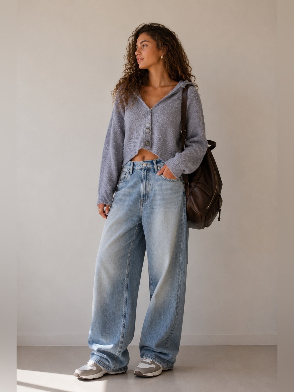 Free People Gray Button-Front Cropped Sweater